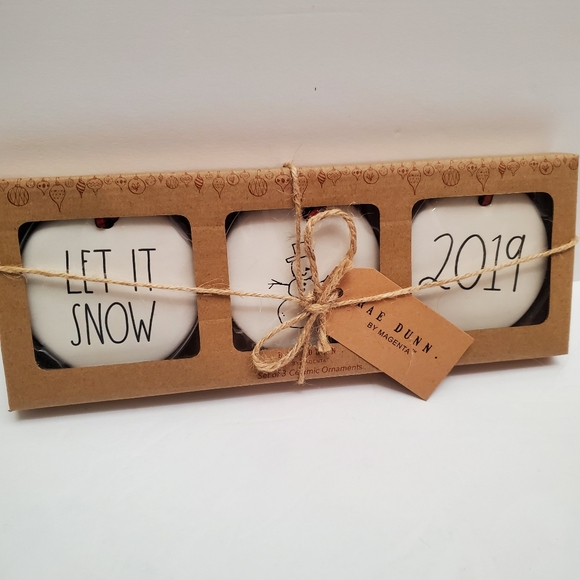 Rae Dunn Ceramic Flat Christmas Ornaments MERRY, BRIGHT, LET IT SNOW NWT - Picture 3 of 3